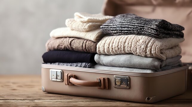 Travel packing concept with suitcase clothes organized layout soft lighting neutral tones minimal composition empty center for journey lifestyle visuals