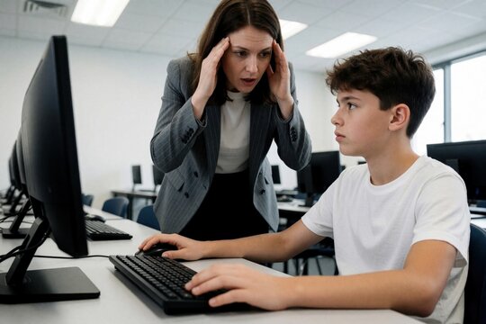 Angry female teacher shouts at young schoolboy in computer lab. Stressed woman reprimands male student for bad behavior during class. Frustrated educator deals with discipline problems, conflict in
