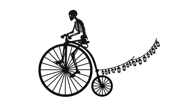 Black skeleton riding antique penny farthing bicycle decorated with string of hanging lamps