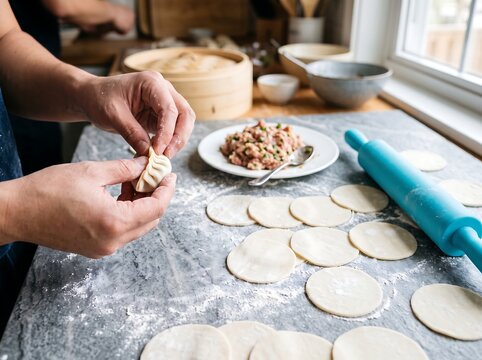 Person making dumplings at home kitchen counter with ingredients and utensils