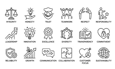 Fototapeta premium Core Values and Business Principles Thin Line Vector Icons