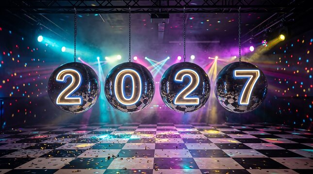 Four glittering disco balls displaying the glowing numbers 2027 hanging suspended over a checkered dance floor in a colorful, illuminated nightclub setting for New Year celebration.