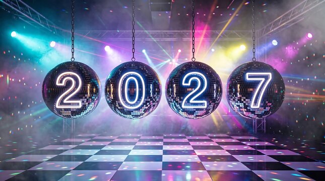 Four glittering disco balls displaying the glowing numbers 2027 hanging suspended over a checkered dance floor in a colorful, illuminated nightclub setting for New Year celebration.
