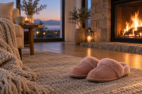 Blush Slippers Beside Cozy Fireplace at Dusk