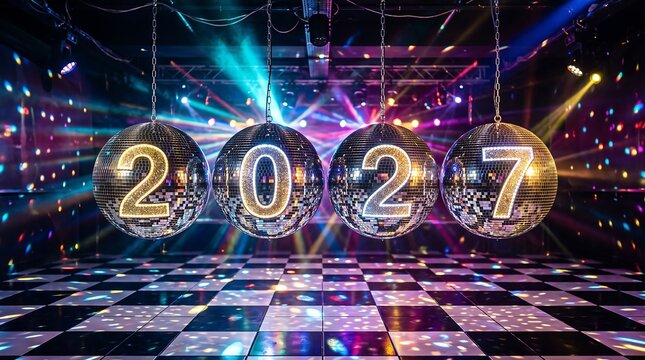 Four glittering disco balls displaying the glowing numbers 2027 hanging suspended over a checkered dance floor in a colorful, illuminated nightclub setting for New Year celebration.