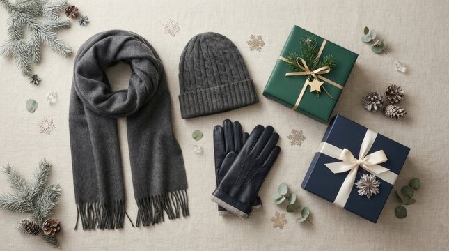 Gray winter scarf hat and gloves with wrapped presents for holiday shopping knitted hat wrapped gifts