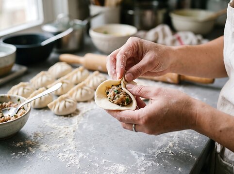 Woman preparing dumplings at home kitchen counter with flour and ingredients