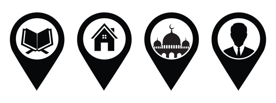 Map pointer icon set with Quran, house, mosque, and user profile location markers vector.