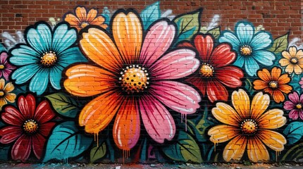 Obraz premium Colorful flower graffiti on old brick wall. Large bright floral mural with pink orange, blue blossoms. Urban street art decoration shows artistic pattern with green leaves, petals. Vibrant spray