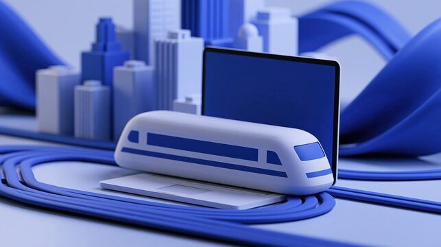 Digital nomad mobility concept with laptop train and abstract city skyline