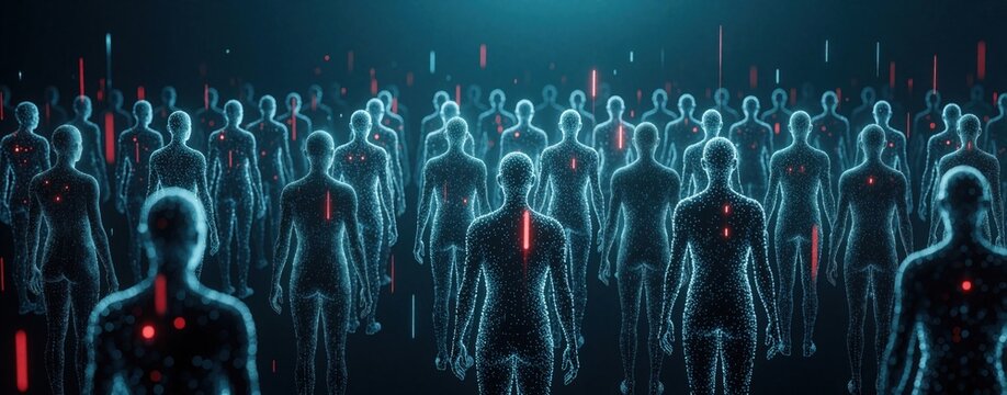 Abstract digital crowd of human figures made of glowing blue dots. Luminous data points, red light pulses represent population health metrics. Ultramodern tech visualization shows community wellness