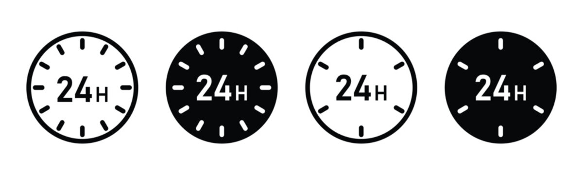 24 hours open service clock icon set vector design for customer support and delivery.