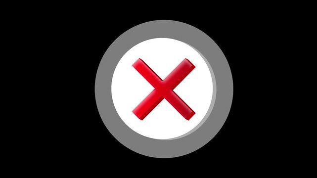 Red wrong mark icon with white circle appearing on a black background. Loop cross failed process or cancellation. In 4K loop animation
