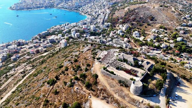 Aerial View of Lekursi Castle in Saranda, Albania, Ionian Sea and Coastal Landscape