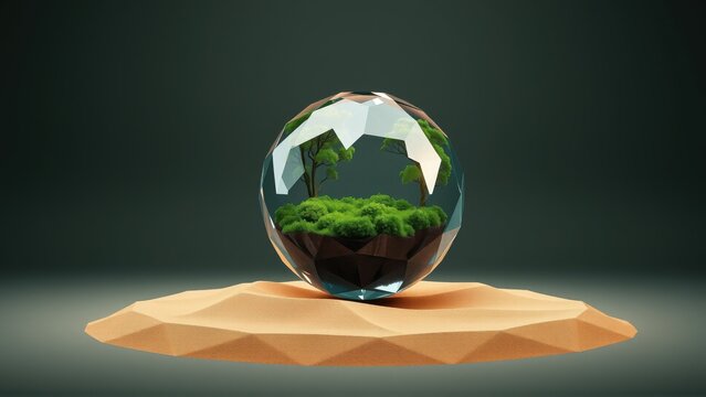 Low poly landscape inside glass sphere. Minimalist design, earthy tones, dark background. Peaceful scene, geometric shapes, simple composition.