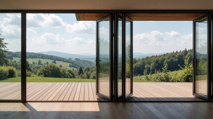 Obraz premium Modern aluminum folding doors open to large wooden terrace. View of green hills, forest under blue sky. Bright sunlight fills living room through glass bifolds. Luxury house architecture connects