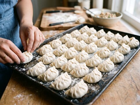 Woman preparing homemade dumplings for Lunar New Year celebration on a wooden kitchen counter
