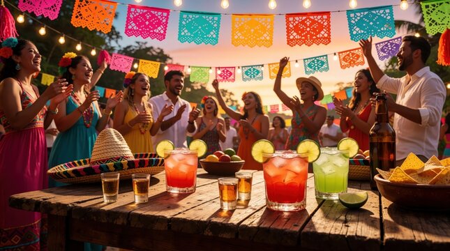 Group of happy friends celebrate Mexican fiesta at night. People dance, cheer around wooden table with tequila shots, colorful margaritas, nachos, sombreros. Festive papel picado decorations hang