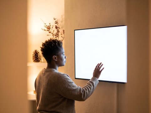 Side view of woman touching blank smart screen, symbolizing future interactive technology in modern home with copy space.