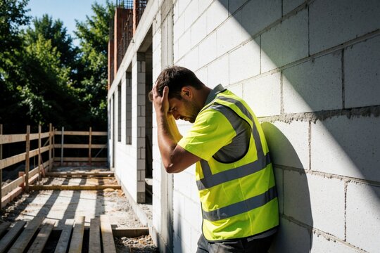 Stressed construction worker leans against concrete block wall at building site. Tired man in yellow safety vest holds head in hands, feeling burnout headache. Exhausted male builder suffers from