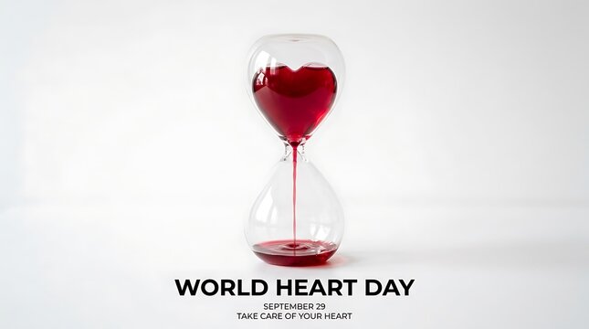World Heart Day Awareness Hourglass with Red Liquid for Medical Health Banner and Healthcare Concept Presentation.