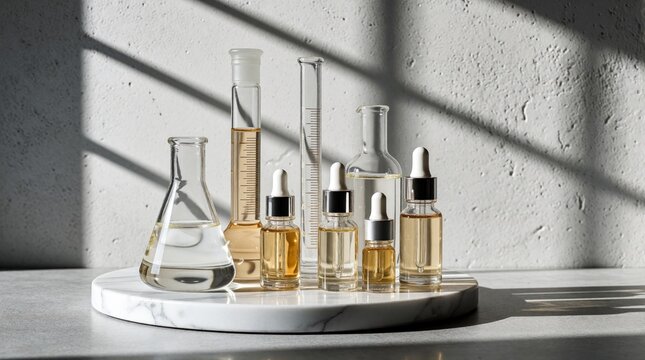 Clear glass serum bottles with droppers, laboratory glassware on marble tray. Cosmetic containers with liquid arranged on gray surface. Science research for beauty skincare, chemical formulation in