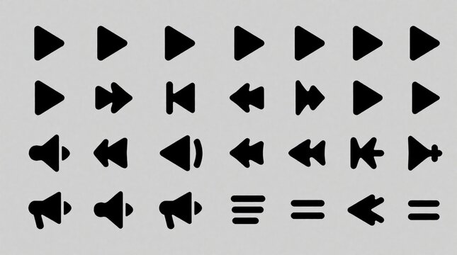 Set of black media control icons for user interface design. Collection includes play, pause, stop, rewind, fast forward, volume, skip symbols. Digital buttons for music player, video streaming app,