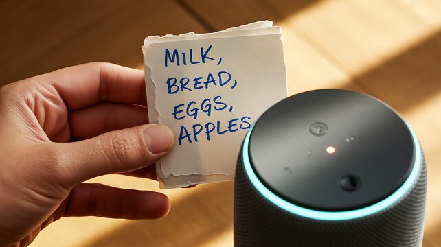 Hand holding grocery list near Amazon Echo smart speaker on wooden table