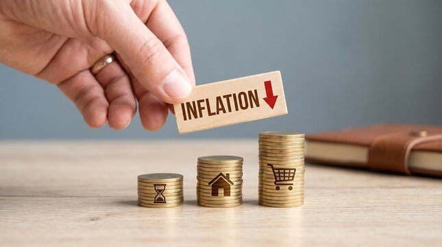 Hand holding inflation sign above stacks of coins with different symbols