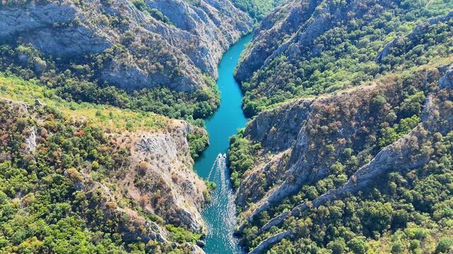 Aerial View of Matka Canyon in North Macedonia, Turquoise Lake and Dramatic Mountain Landscape