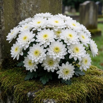White chrysanthemum flowers grow on mossy stone in old cemetery. Fresh blooms rest on grave monument near tombstone. Memorial flowers symbolize remembrance, peace, mourning at burial ground. Autumn