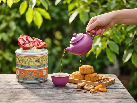Person pouring tea outdoors with mooncakes and pomegranate on a wooden table