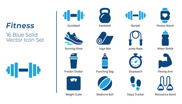 Fitness Icon Set, Dumbbell, Kettlebell, Barbell, Running Shoe, Yoga Mat, Protein Shaker, Resistance Band, Blue Solid Vector Icon Bundle
