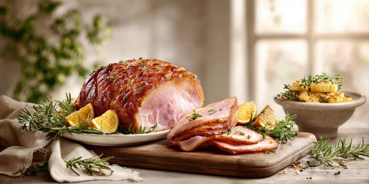 Glazed ham partially sliced on a wooden board with pineapple, citrus slices and rosemary, golden-brown and ready to serve for holiday meals or special celebrations