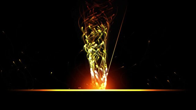 Fiery tornado of glowing particles erupting from ground with sparks flying around.