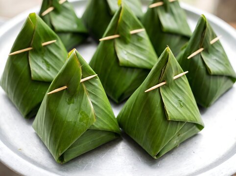 Traditional Asian pyramid-shaped dumplings wrapped in green leaves on a silver plate
