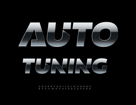 Vector Cool logo Auto Tuning. Dark Metallic Font. Modern Dynamic Alphabet Letters and Numbers set.