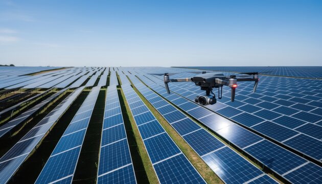 Drone Inspecting Solar Panel Field: A drone with a gimbal-mounted camera hovers above a vast array of solar panels under a clear blue sky, symbolizing innovation in renewable energy.