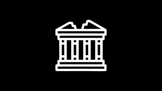 Animated white icon of a classical building with columns on a black background