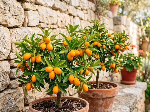 Potted kumquat trees with ripe orange fruits against a stone wall