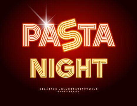 Vector Marketing banner Pasta Night. Bright Led Light Font. Unique set of Glowing Alphabet Letters and Numbers.