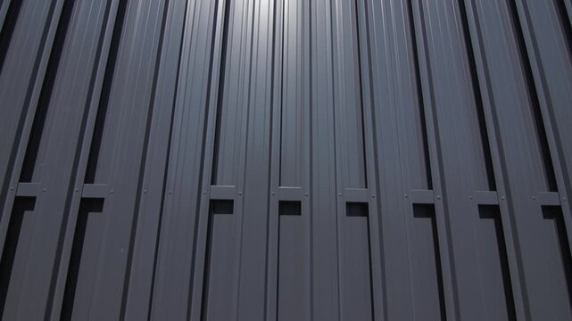 Modern gray corrugated metal fence with repeating vertical panels and shadows.