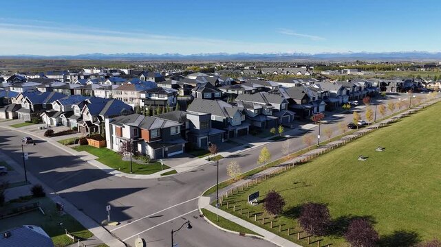 Aerial view of a residential area of Calgary, Alberta in autumn. 