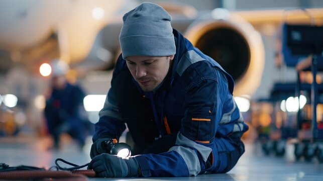 Maintenance engineer inspecting aircraft fuselage with portable light in hangar