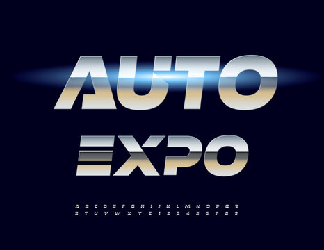 Vector Trendy icon Auto Expo. Silver Dynamic Font. Glossy Metallic Alphabet Letters and Numbers set.
