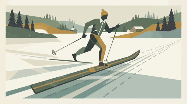 Cross country skier moving through a snowy winter landscape illustration