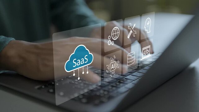 SaaS software as a service concept. Person using laptop with cloud application, subscription license and automated sync icon, enterprise cloud platform solution.