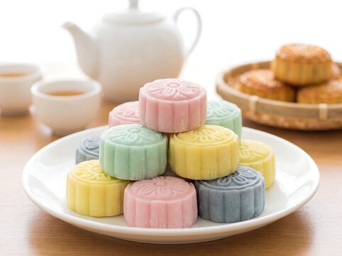 Colorful Snowskin Mooncakes Stacked on White Plate with Tea