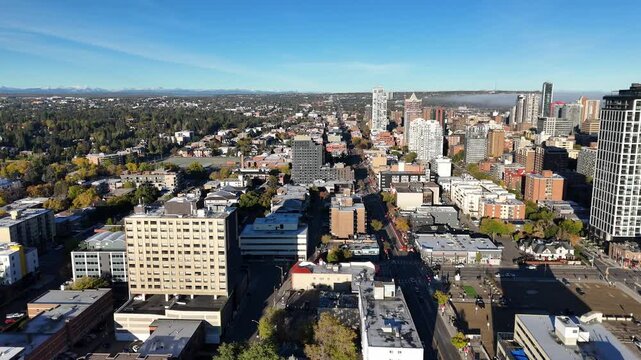 Aerial view of downtown Calgary on an autumn morning. Location is in south-east downtown along 17th Avenue in the belt line area.  