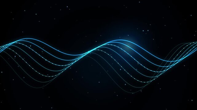 Abstract blue data wave motion background, with glowing particles, and digital network connections